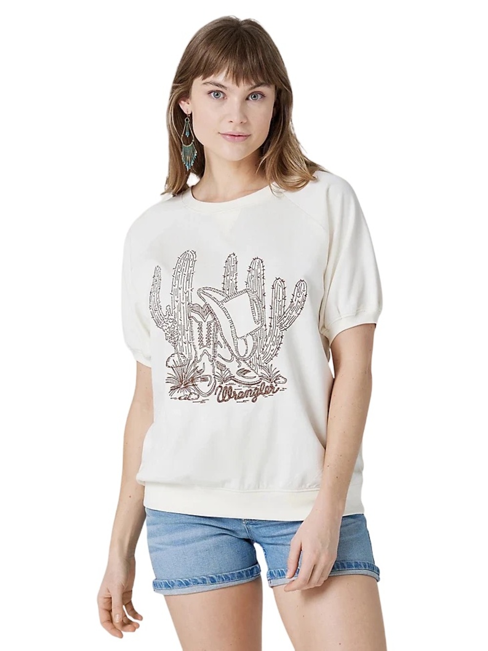 Women’s Wrangler Embroidered Cactus Top with puff sleeves